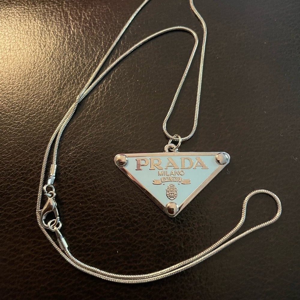 Auth Prada Sky Blue and Silver Logo Pendant - Picture 6 of 7